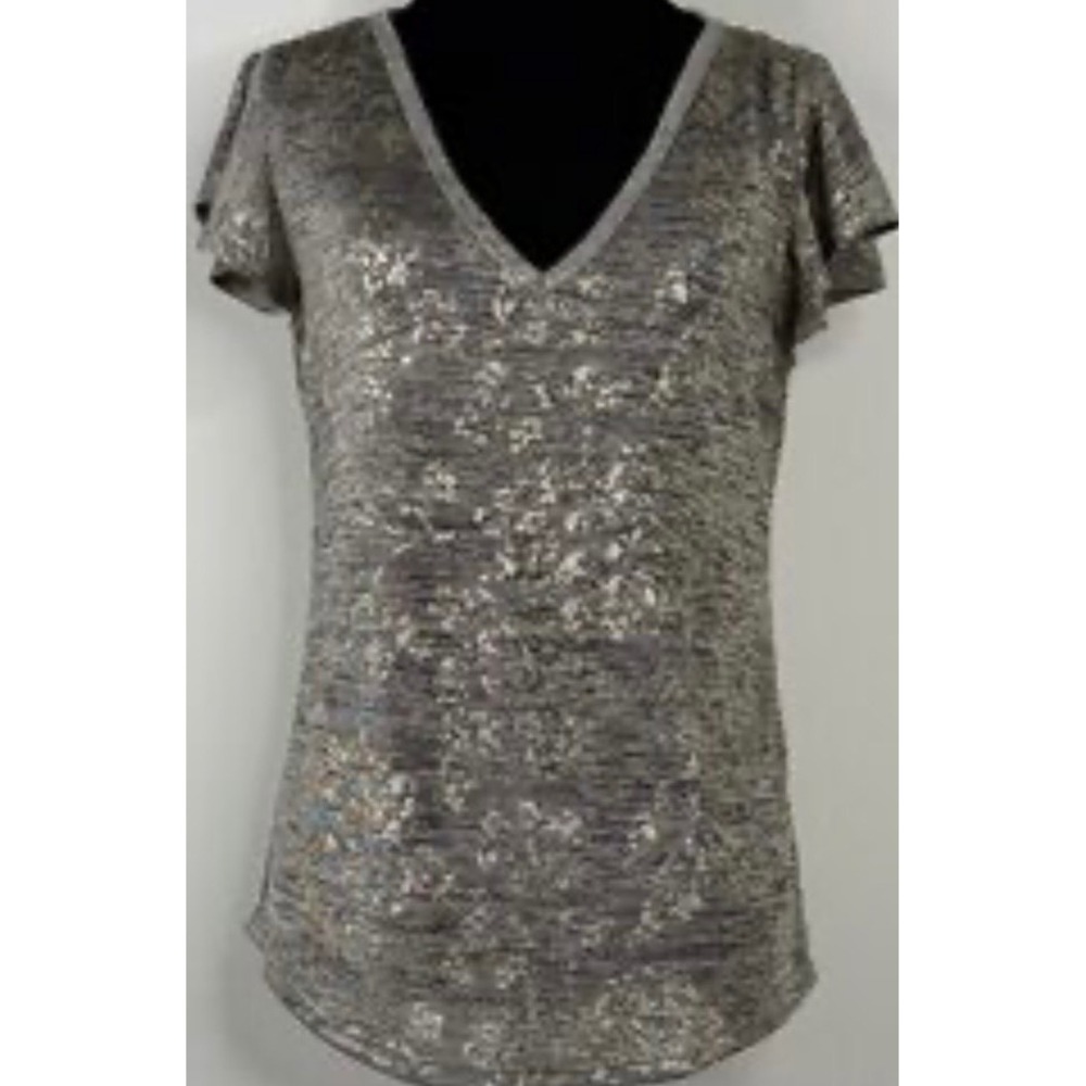 White House‎ Black Market Gold Foil Floral Flutter Sleeve V-Neck Top Grey XXS